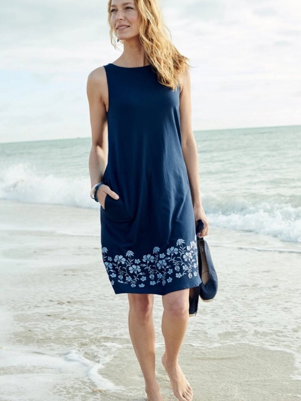 EUC J. Jill Blue Flower Embroidered Border A-Line Tank Dress Size SP